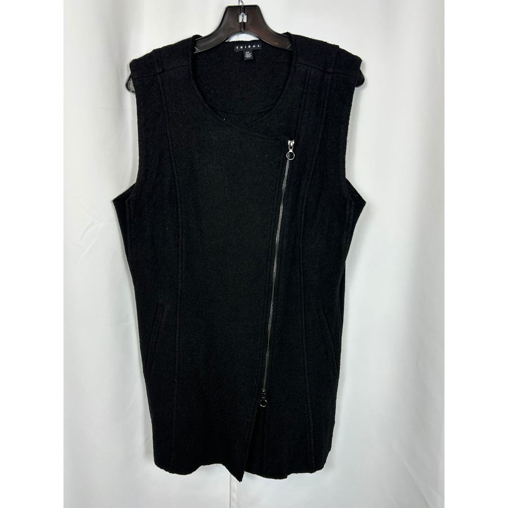 Tribal Black Wool Blend Asymmetrical Zip Longline Vest Ribbed Moto Goth Large